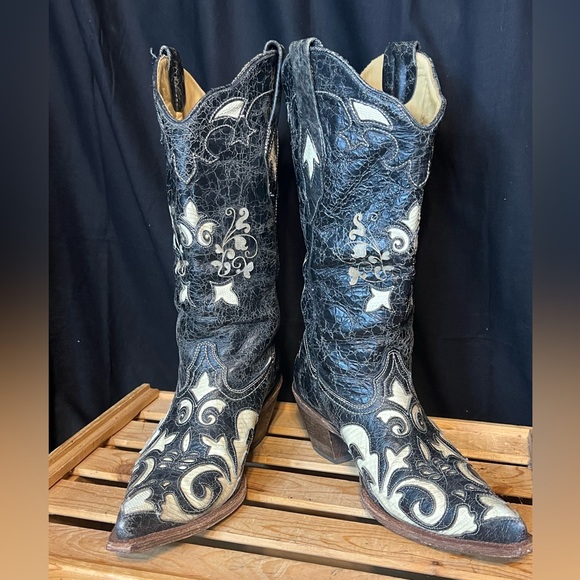 Corral Women's Genuine Lizard Black Western Boots w/Cream Inlay Design. Size 8.5 - Picture 1 of 13
